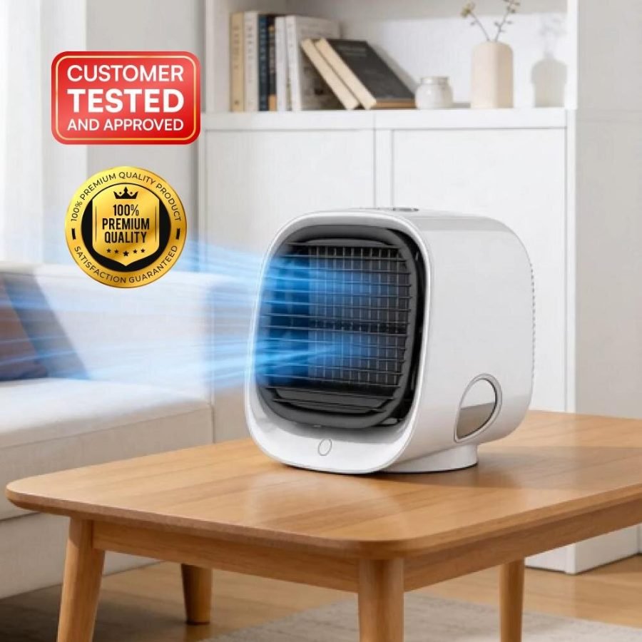 AiraBreeze portable air cooler blowing a cool breeze on a living room coffee table