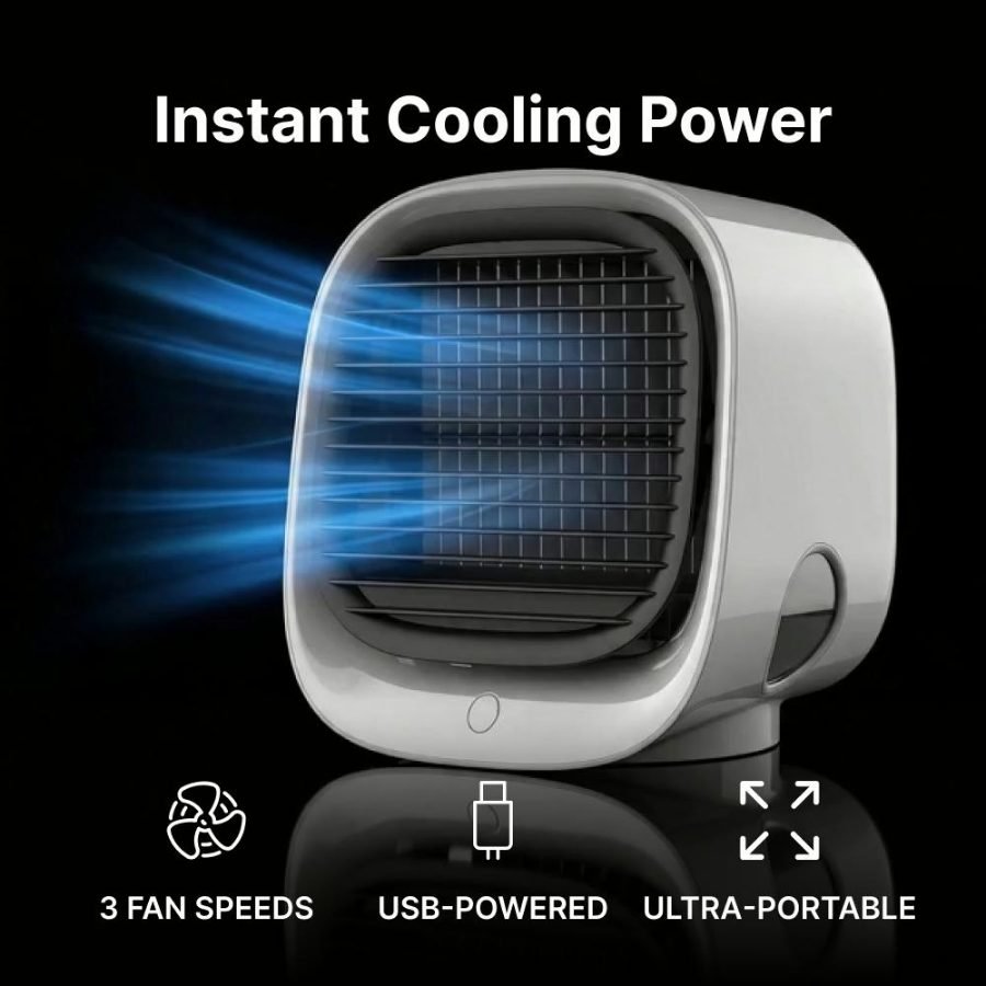 AiraBreeze cooler with cool air flowing out: 3 fan speeds, USB-powered, ultra-portable