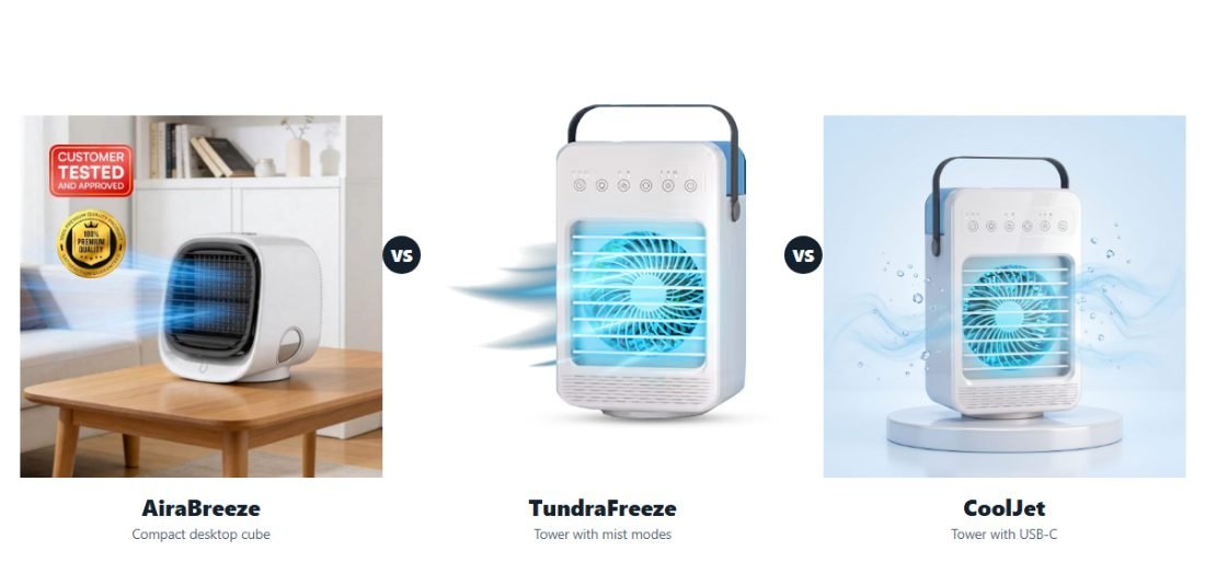 Side by side comparison of the AiraBreeze cube, TundraFreeze tower and CoolJet tower portable air coolers
