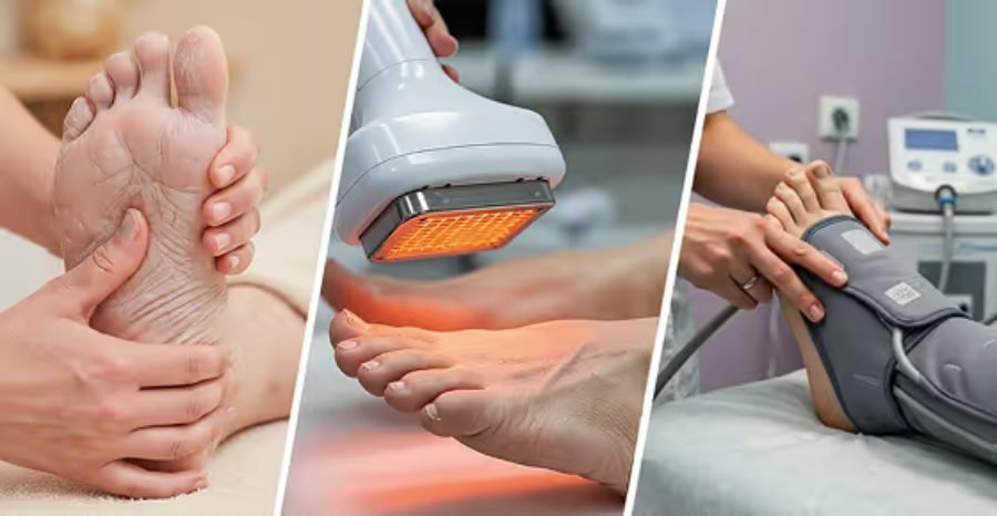 Three professional foot therapies side by side: manual massage, red light heat therapy and compression device