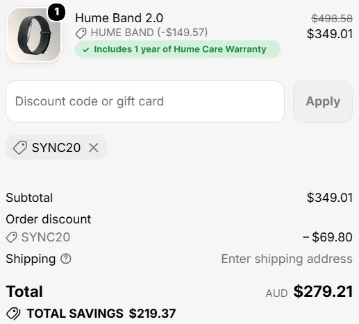 Hume Health checkout in Australian dollars with SYNC20 applied: A$349.01 subtotal, A$69.80 discount, A$279.21 total