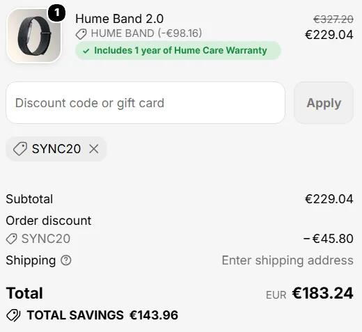 Η ολοκλήρωση αγοράς Hume Health με τον κωδικό SYNC20: €229,04 υποσύνολο, €45,80 έκπτωση, €183,24 σύνολο