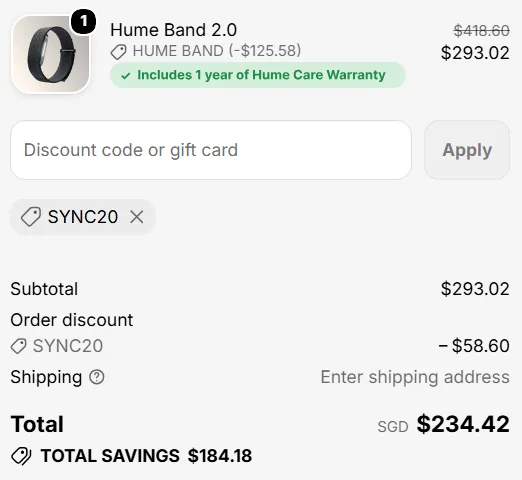 Hume Health checkout in Singapore dollars with SYNC20 applied: S$293.02 subtotal, S$58.60 discount, S$234.42 total