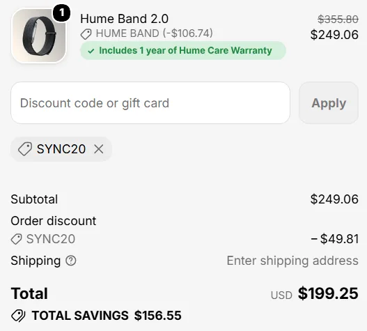 Hume Health checkout showing the SYNC20 code applied: $249.06 subtotal, $49.81 discount, $199.25 total